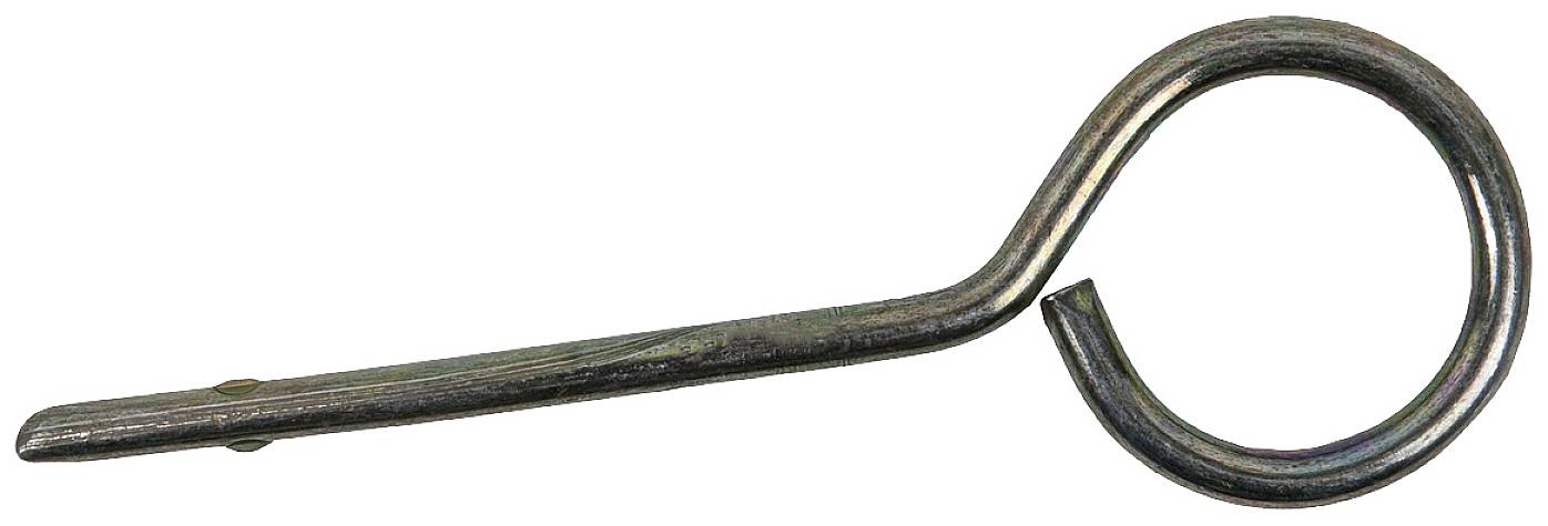 Ein metallener Steckstift mit einem runden Ende und einem gebogenen Schaft, oft zur Befestigung von Teilen in Maschinen verwendet.