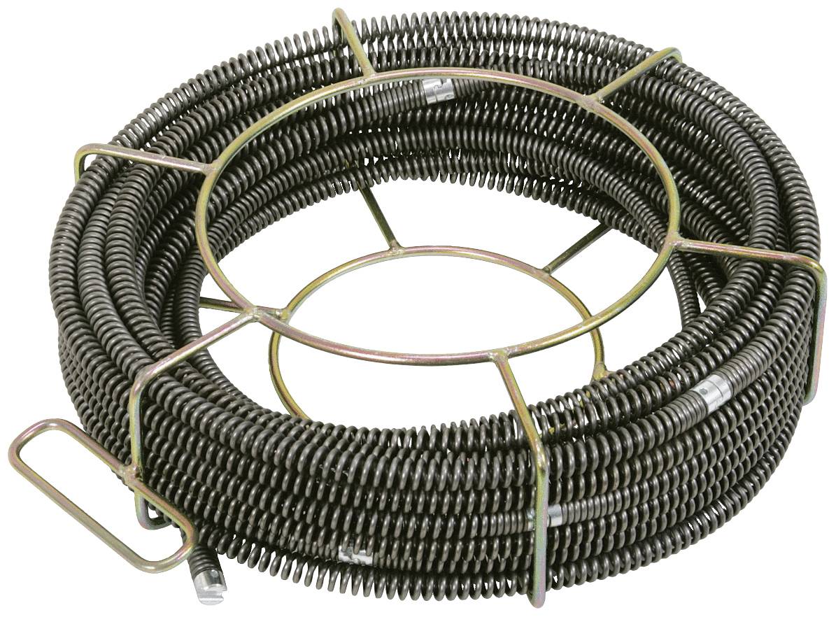 Metallspirale in einem kreisförmigen Rahmen, möglicherweise Teil eines Werkzeugs oder Geräts zur Reinigung oder Reparatur von Rohrleitungen.