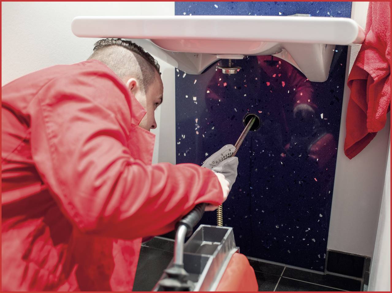 Ein Handwerker in roter Arbeitskleidung reinigt ein Rohr unter einem Waschbecken mit einem langen Werkzeug.