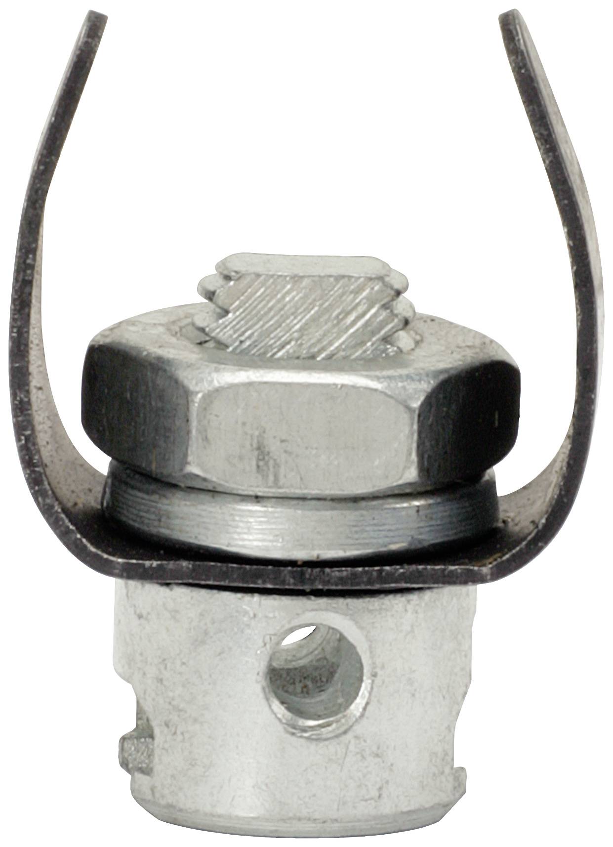 Metallischer Sprengring und Gewindestift, miteinander verbunden, vor weißem Hintergrund. Eignet sich zur Befestigung in Maschinen.