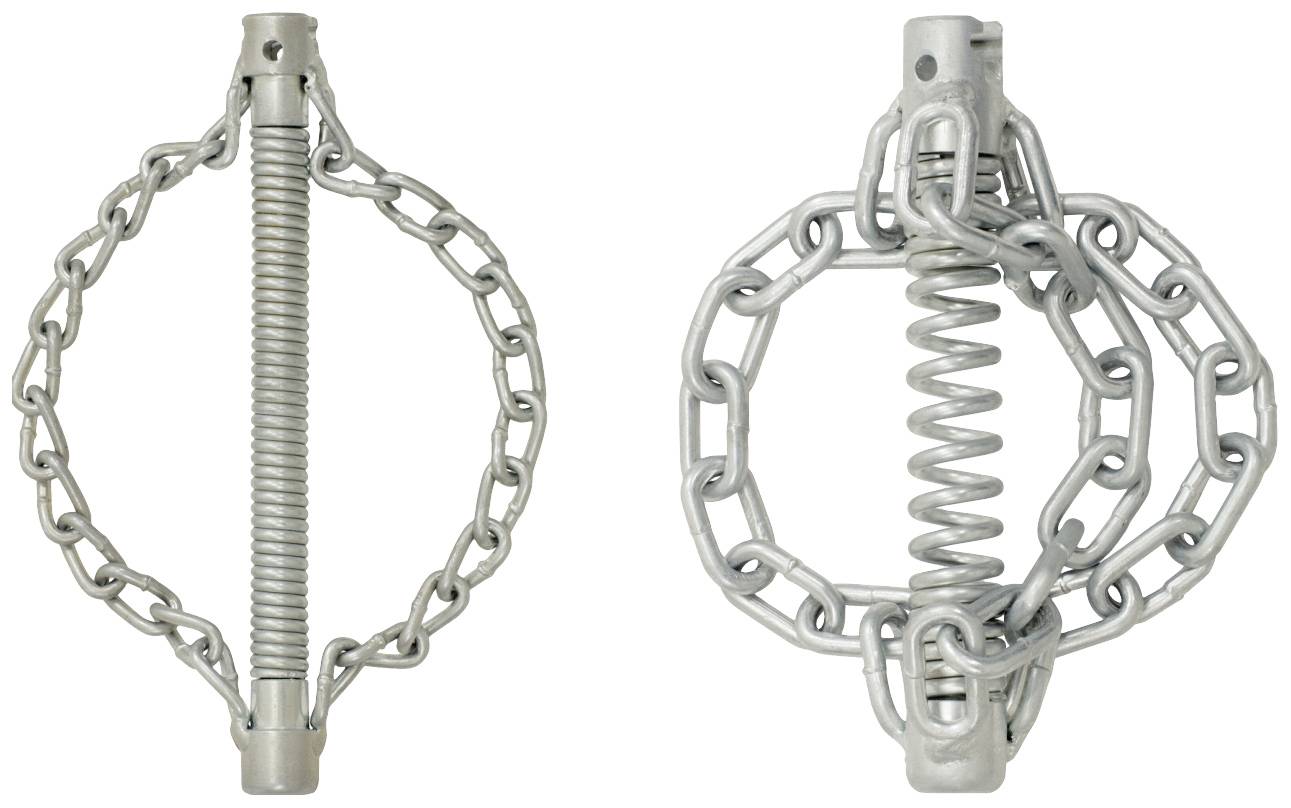 Zwei metallene Bodenanker, einer mit gerader Feder, der andere mit spiralförmiger Feder, beide mit Kette zur Befestigung.