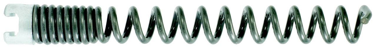Eine schwarze Spiralfeder mit metallischen Enden auf weißem Hintergrund.