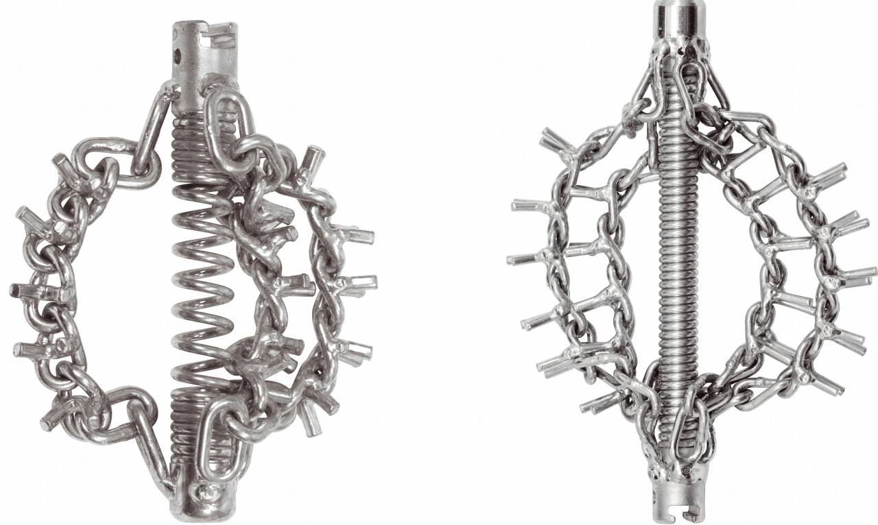 Zwei metallische Frühlingsmotive mit Ketten und Klammern, symmetrisch angeordnet. Sie scheinen technisch und mechanisch zu sein.
