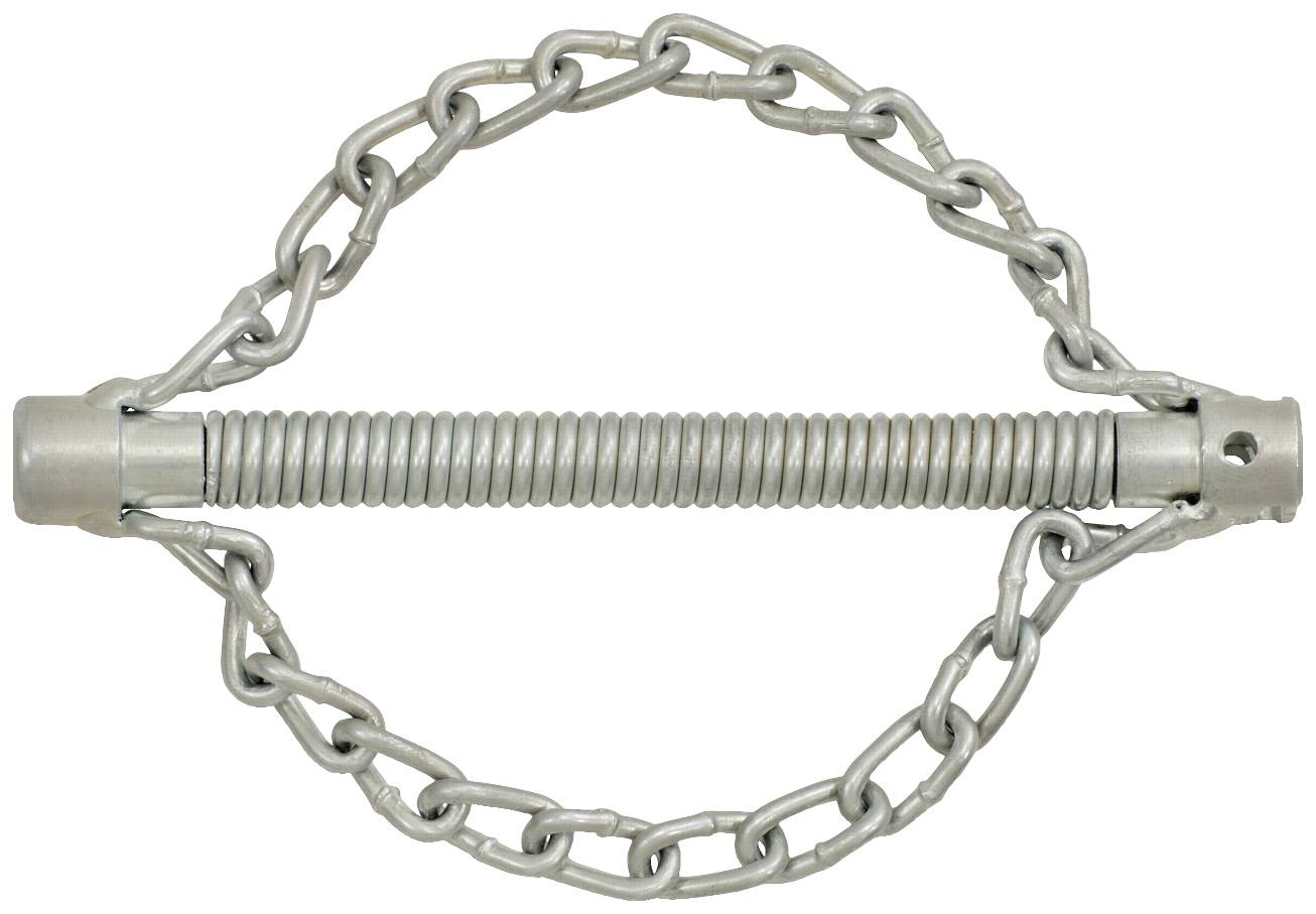 Silberne Metallfeder mit umwickelter Kette, die als Spannvorrichtung dient.