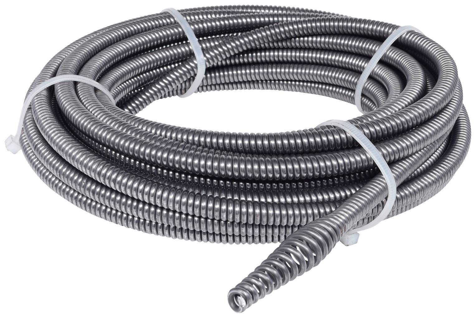 Eine aufgerollte flexible Metallleitung, mit hellen Bändern befestigt, vor einem weißen Hintergrund. Geeignet für Kabelschutz.