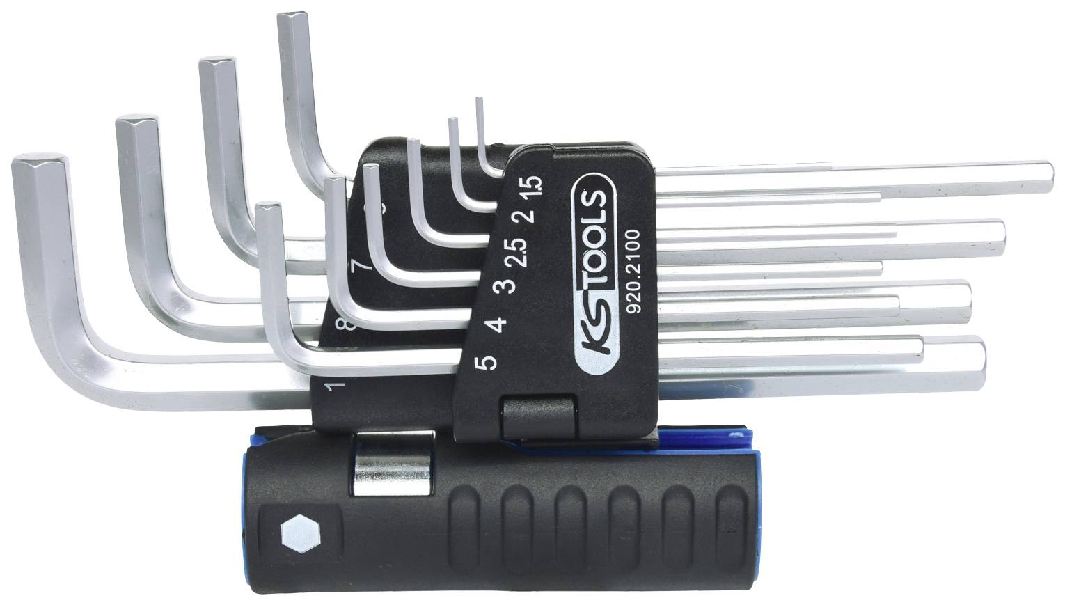 Ein Set von acht silbernen Inbusschlüsseln in verschiedenen Größen, fixiert in einem schwarzen Halter mit der Aufschrift 'KS Tools'.