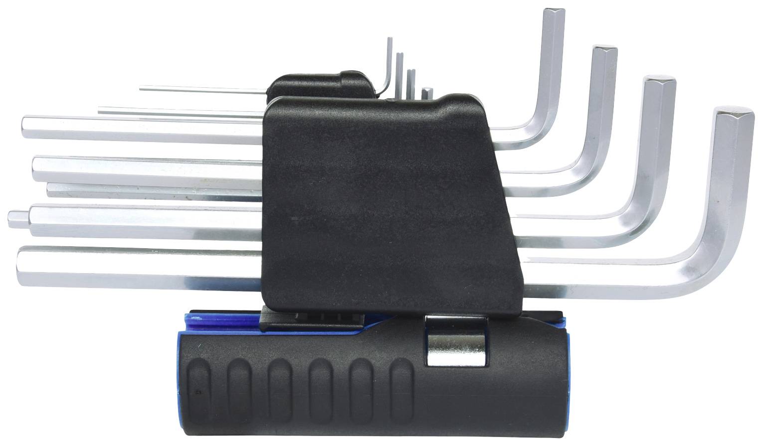 Ein Satz von neun Inbusschlüsseln in verschiedenen Größen, geordnet nach Größe, mit einem schwarzen Halter.