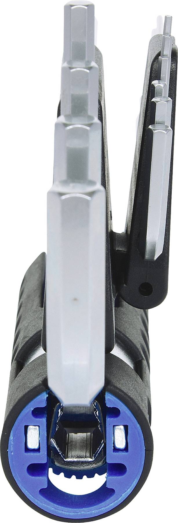 Nahaufnahme eines Schraubenschlüssel-Sets mit mehreren Innensechskant-Größen, zusammenklappbar, in einem blauen und schwarzen Halter.