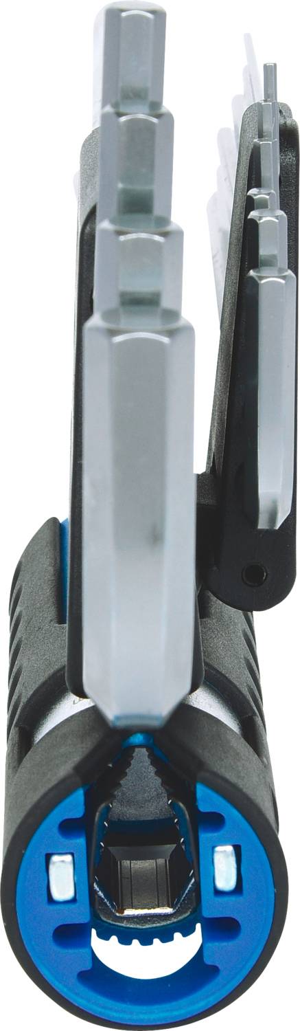 Ein Satz Inbusschlüssel in einem Halter, dargestellt aus der Vorderansicht. Die Schlüssel sind in verschiedenen Größen gestaffelt.