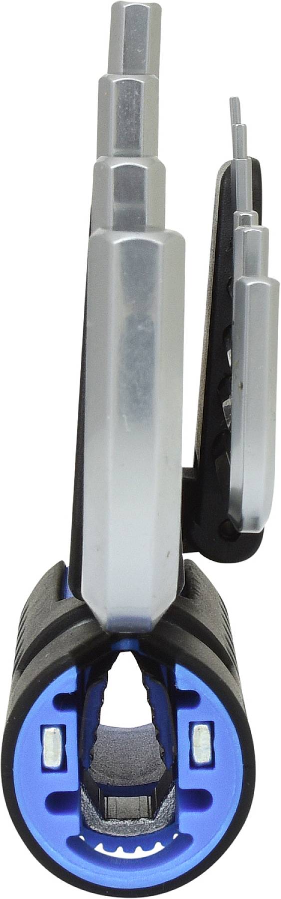 Ein multifunktionales Werkzeug mit blauen und silbernen Komponenten zeigt verschiedene Aufsätze und einen ergonomischen Griff.