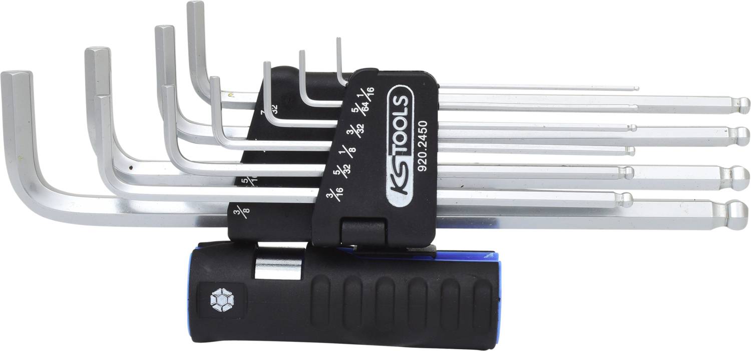 Ein Set unterschiedlicher Inbusschlüssel in einem schwarzen und blauen Halter.