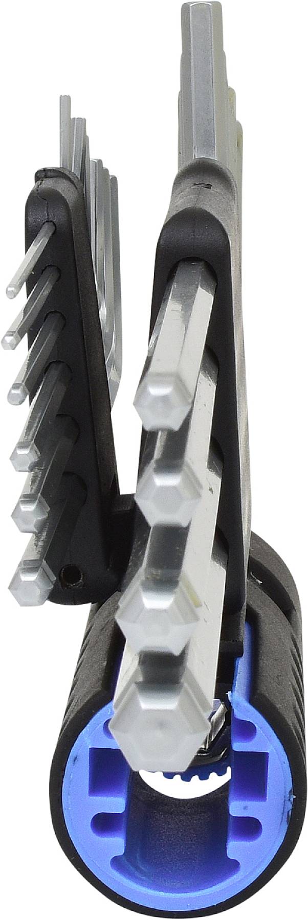 Ein Satz Inbusschlüssel und T-Schlüsselhalter mit einem blau-schwarzen Griff, arrangiert für kompakte Aufbewahrung.