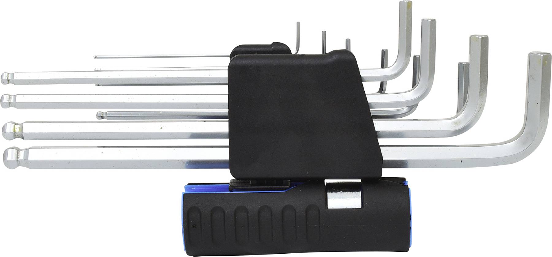 Ein Set von sechs silbernen Sechskantschlüsseln in verschiedenen Größen, gehalten in einem schwarzen und blauen Halter.