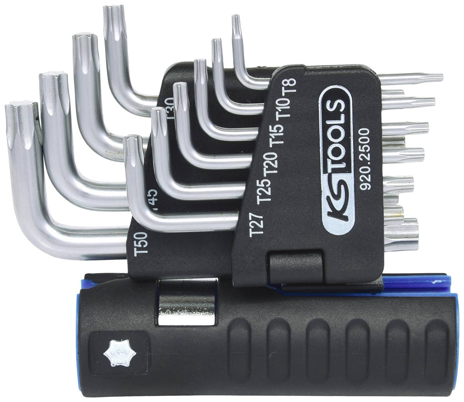 Ein Set von Metall-Innensechskantschlüsseln und Aufsteckbits auf einem schwarzen und blauen Halter mit Griff, Markenname sichtbar.