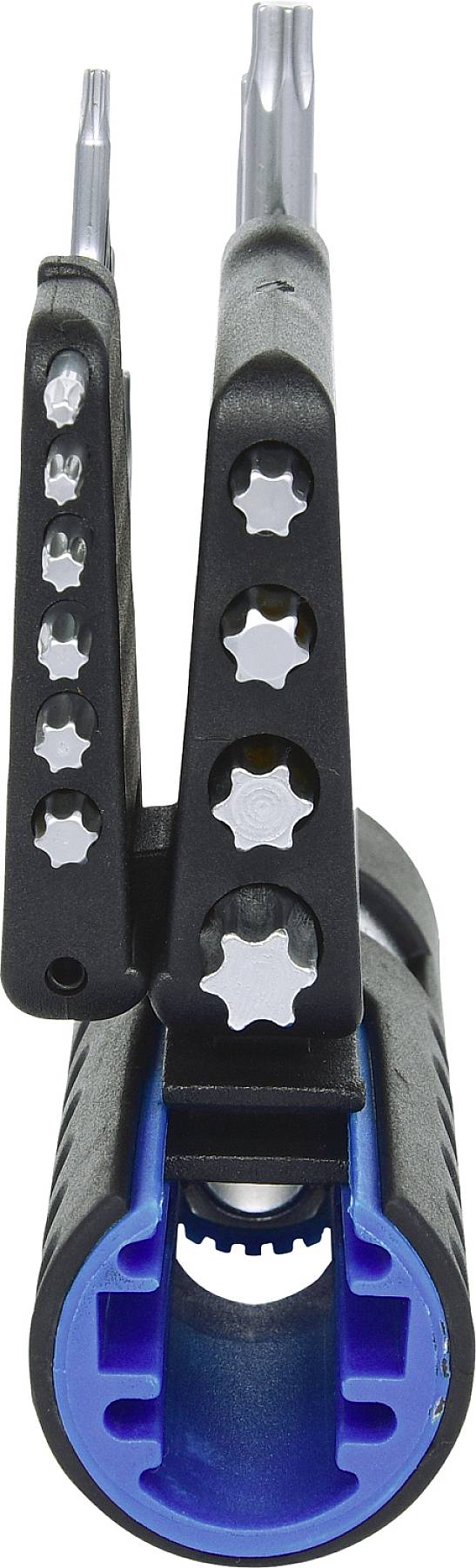 Zwei schwarze Werkzeuge mit sternförmigen Einsätzen, verbunden an einem blauen Halter. Sie sind für Reparaturarbeiten geeignet.