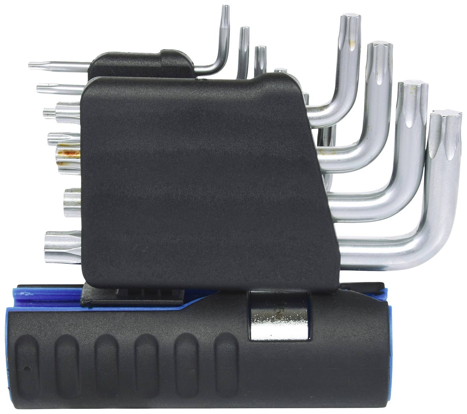 Ein Set Sechskantschlüssel in verschiedenen Größen, geordnet in einem schwarzen Halter, ideal für diverse Reparaturarbeiten.