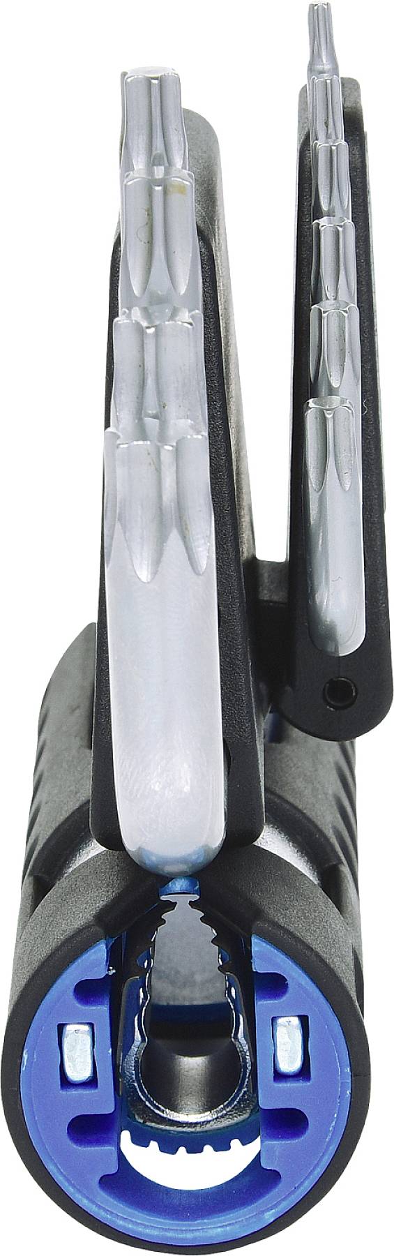 Nahaufnahme eines blauen Mehrzweckschlüssels mit verschiedenen Aufsätzen zur Anpassung an unterschiedliche Schraubenprofile.