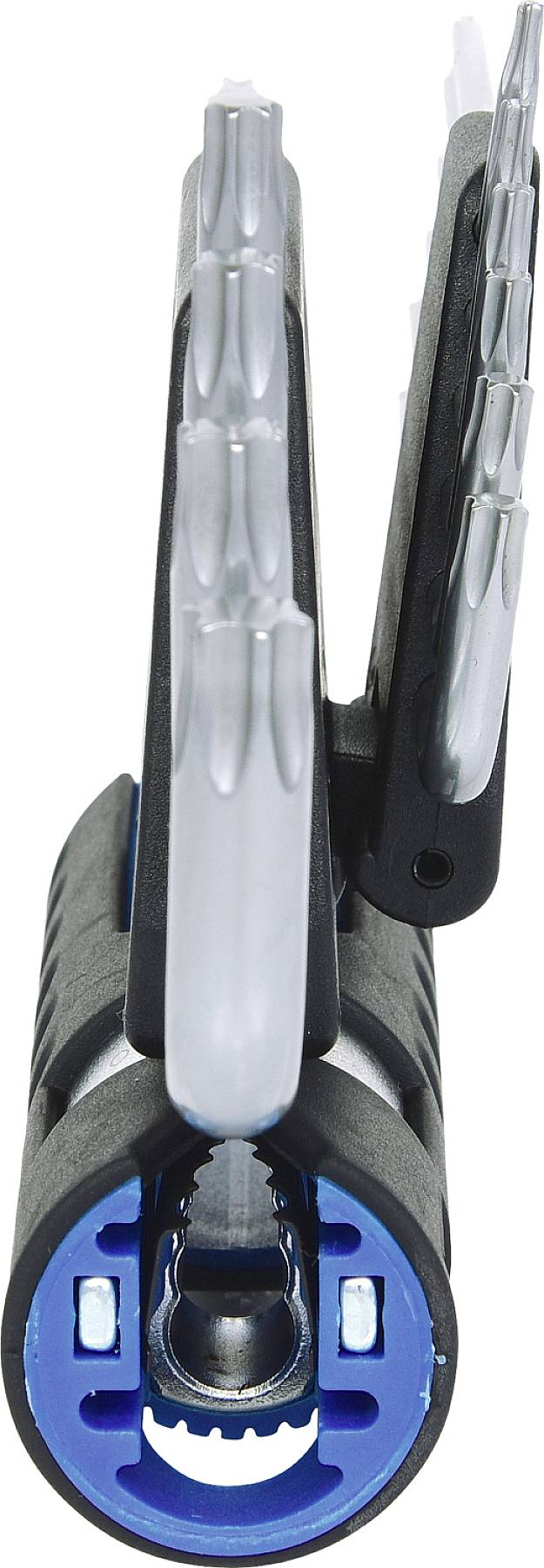 'Fischerdübel' in der Nahaufnahme, mit grauen Klappmechanismen und blauem Innenring, zur Darstellung der Kippfunktion.