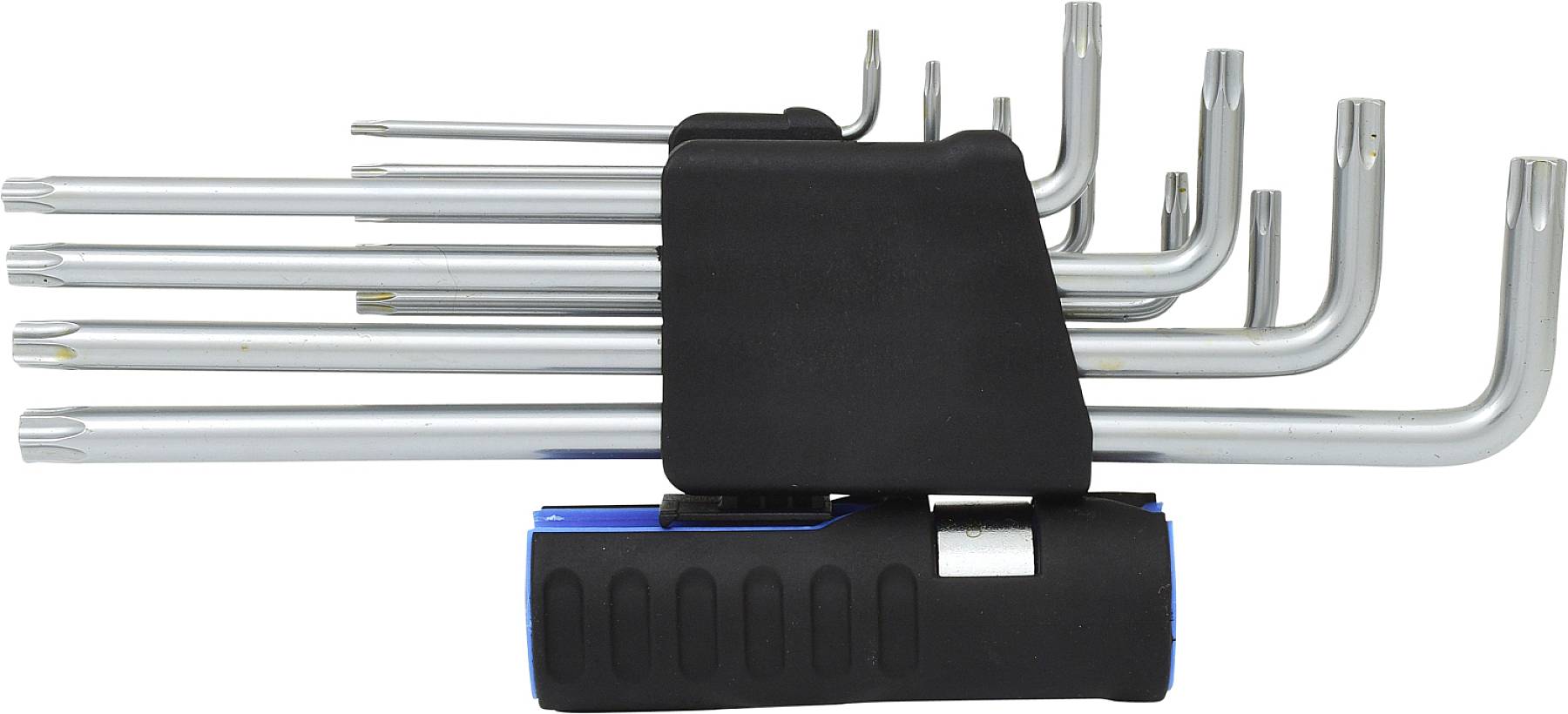 Ein Set von neun silbernen Winkelschraubendrehern in einem schwarzen Halter, geordnet nach Größe, von klein nach groß.