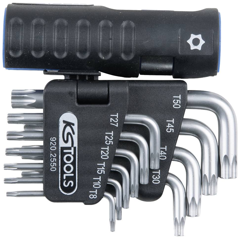 'Satz Torx-Winkelschlüssel' mit ergonomischem Griff, L-förmig, verschiedene Größen von T8 bis T50, geeignet für Schraubanwendungen.