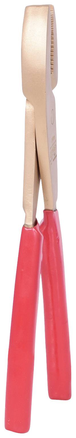 Rote Griffzange mit gezahnten Backen, aufrecht stehend. Verwendet zum Greifen oder Halten von Objekten in handwerklichen Arbeiten.