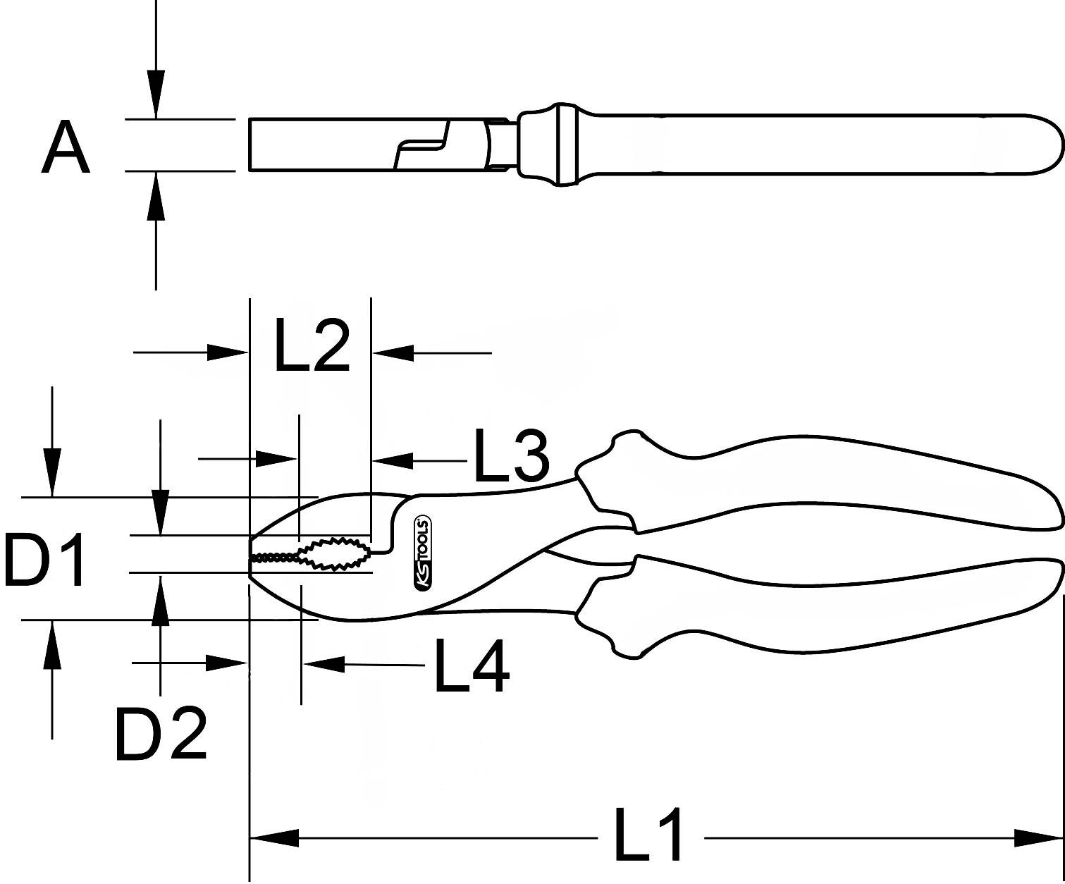 Technische Zeichnung einer Zange mit vier Längenmaßen (L1, L2, L3, L4) und zwei Durchmessermaßen (D1, D2) sowie einer Abmessung A eines Stifts.