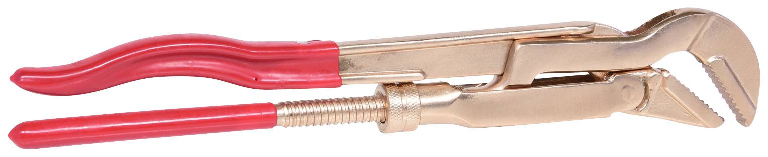 Rohrzange mit roten Griffen und verstellbarem Maul. Wird zum Greifen und Drehen von Rohren oder Muttern verwendet.