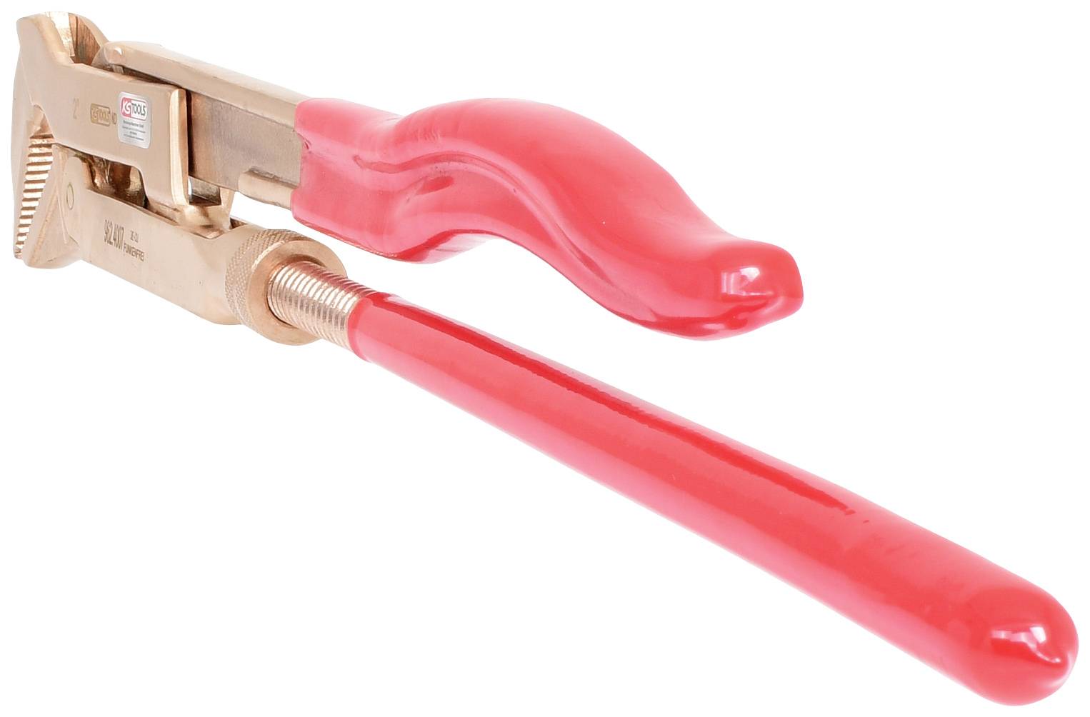 Eine rote Rohrzange aus Metall mit einem langen Griff und einem gezackten Maul.