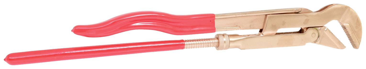 Rote Rohrzange auf weißem Hintergrund. Werkzeug mit verstellbarem Kopf und Griffen, geeignet zum Greifen und Drehen von Rohren.