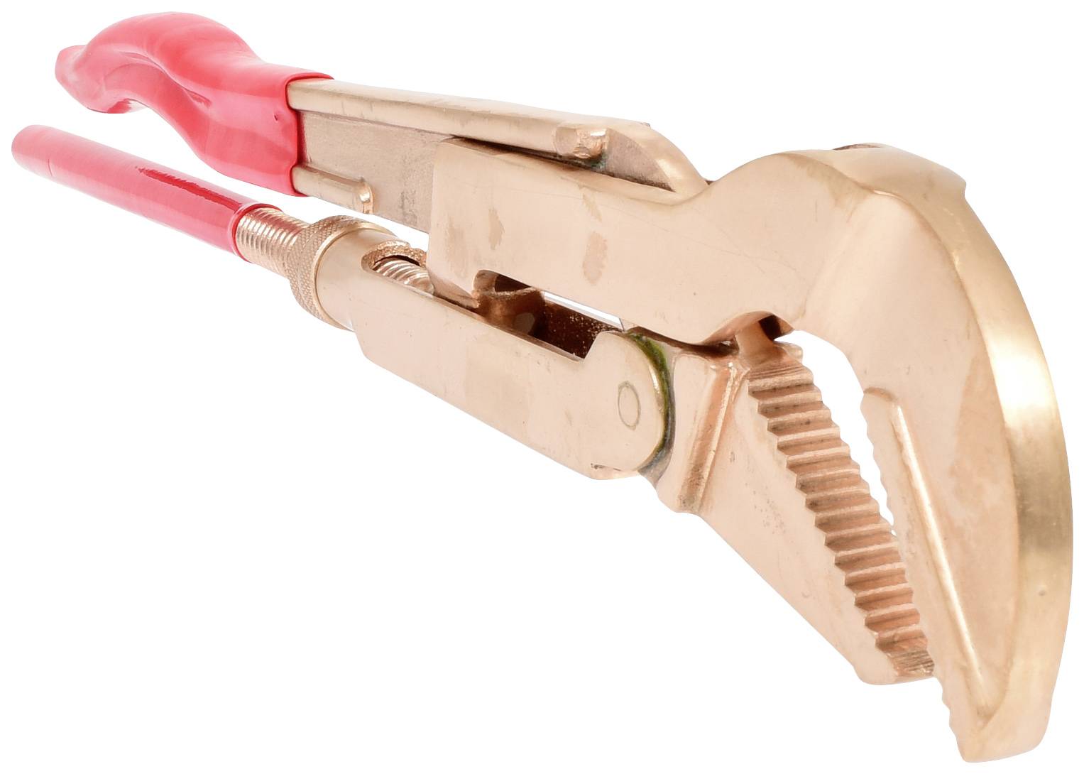 Eine verstellbare Rohrzange mit roten Griffen, die für die Arbeit an Rohrverschraubungen nützlich ist.