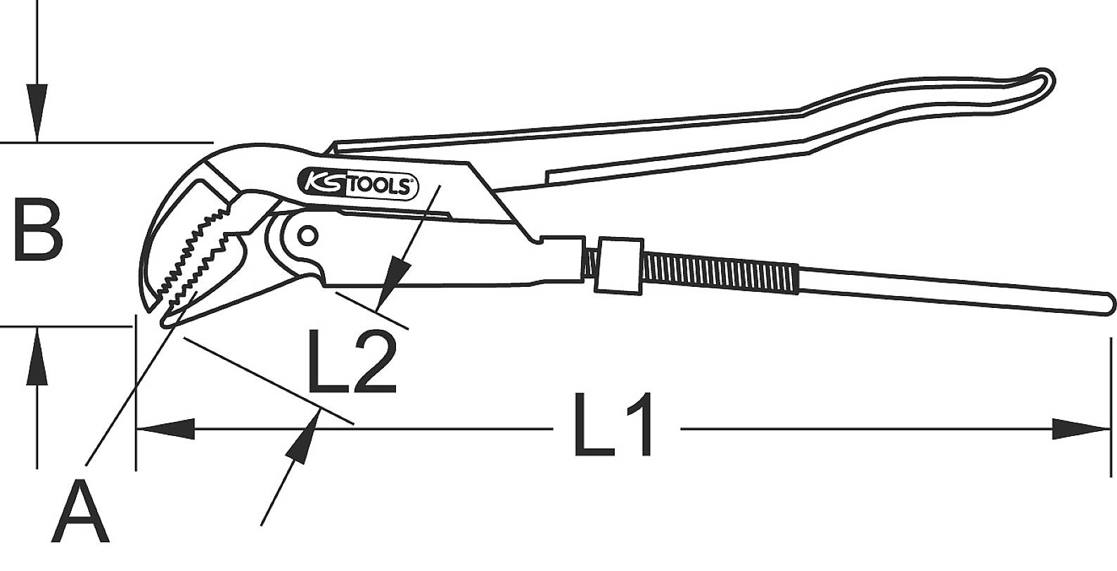 Zeichnung einer Greifzange mit den Beschriftungen 'A', 'B', 'L1', 'L2'; zeigt Abmessungen und Details des Werkzeugs.
