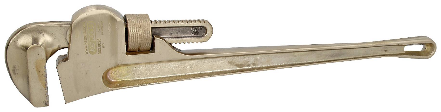 Ein verstellbarer Rohrschlüssel aus Metall, gezackt für besseren Halt, seitlich liegend. Verwendet für Sanitärarbeiten.