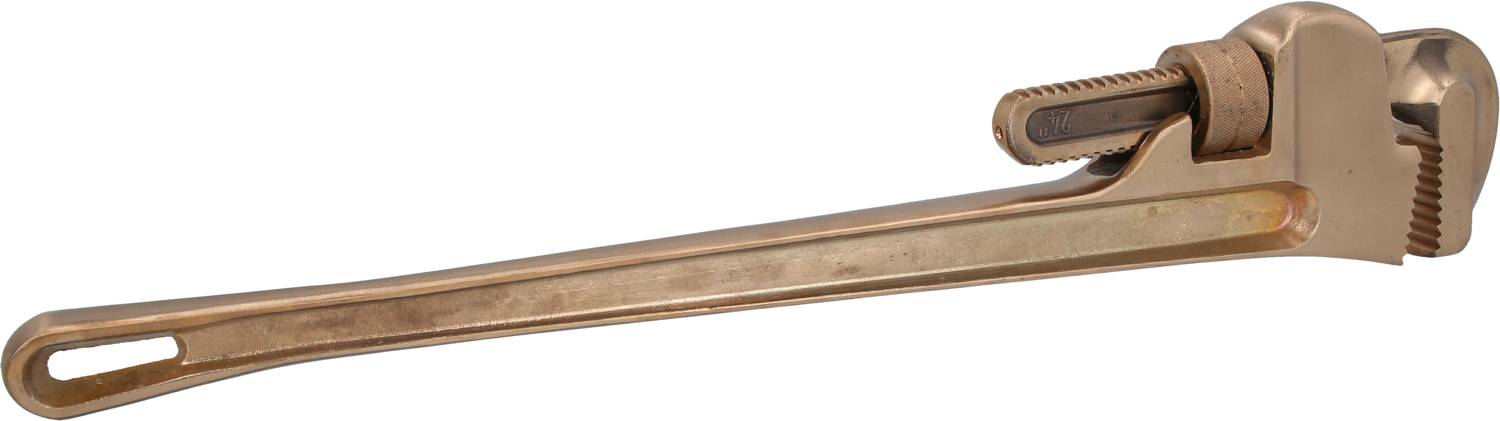 Eine große goldfarbene Rohrzange aus Metall, horizontal ausgerichtet. Ideal für Arbeiten an Rohren oder Verschraubungen.