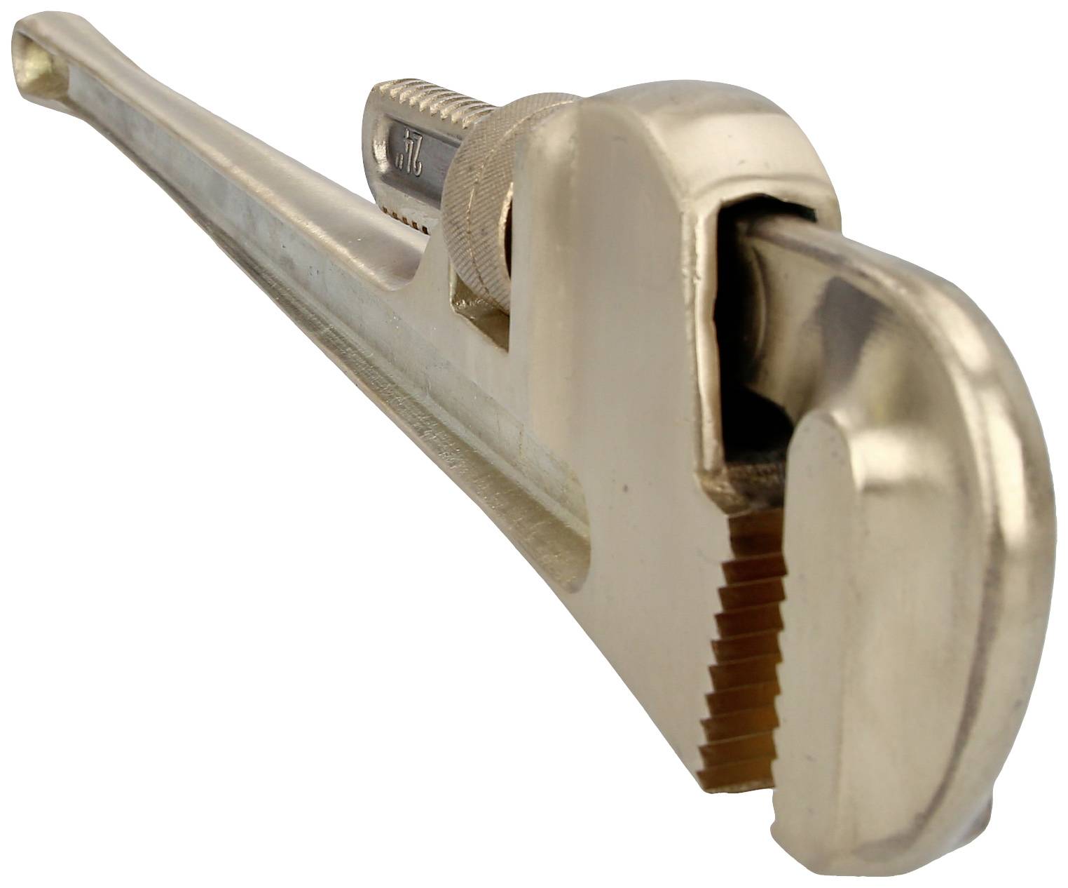 Großer verstellbarer Schraubenschlüssel in Nahaufnahme, aus Metall, wird zum Greifen und Drehen von Rohren und runden Gegenständen verwendet.