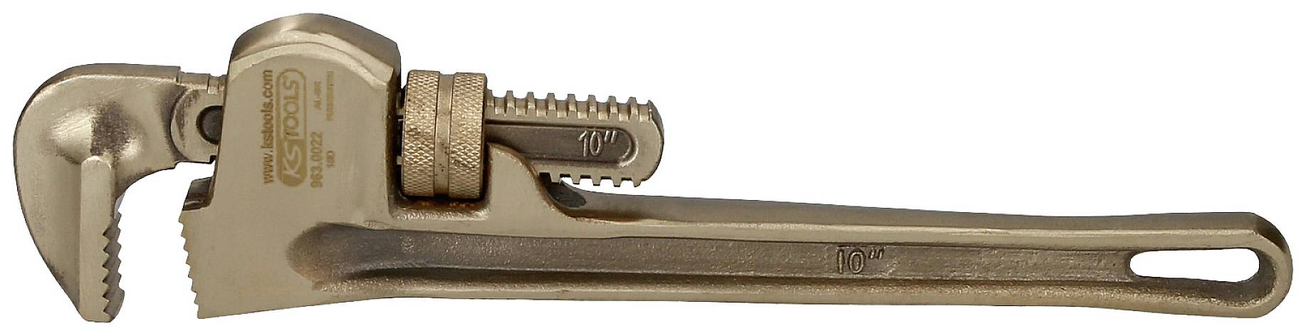 Ein verstellbarer Rohrschlüssel mit Metalloberfläche, geeignet zum Festziehen oder Lösen von Rohren und Rohrverbindungen.