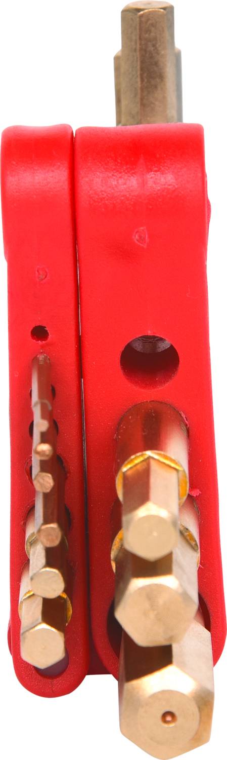 Rotes Multifunktionswerkzeug mit goldenen hexagonalen Aufsätzen für Fahrradreparaturen.