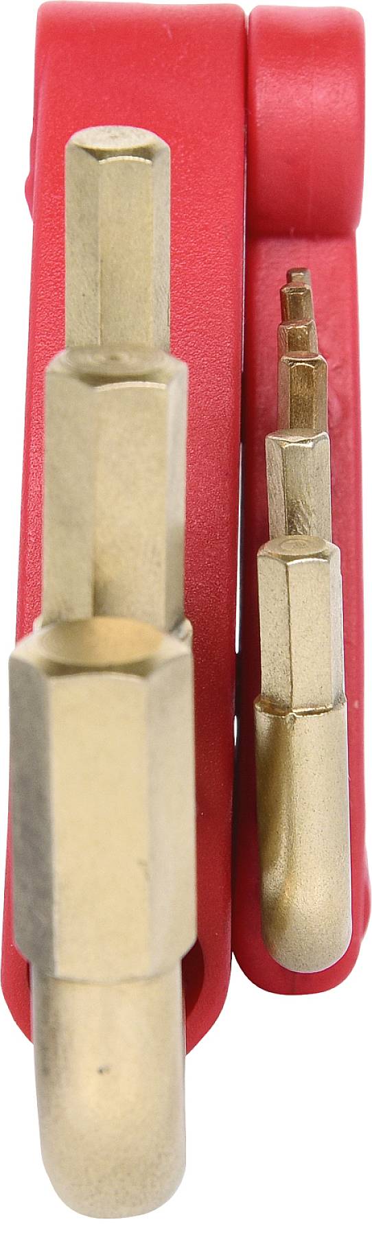 Zwei sechskantige Schraubschlüssel in einem roten Halter. Der größere ist links, der kleinere rechts. Beide sind aus goldfarbenem Metall.