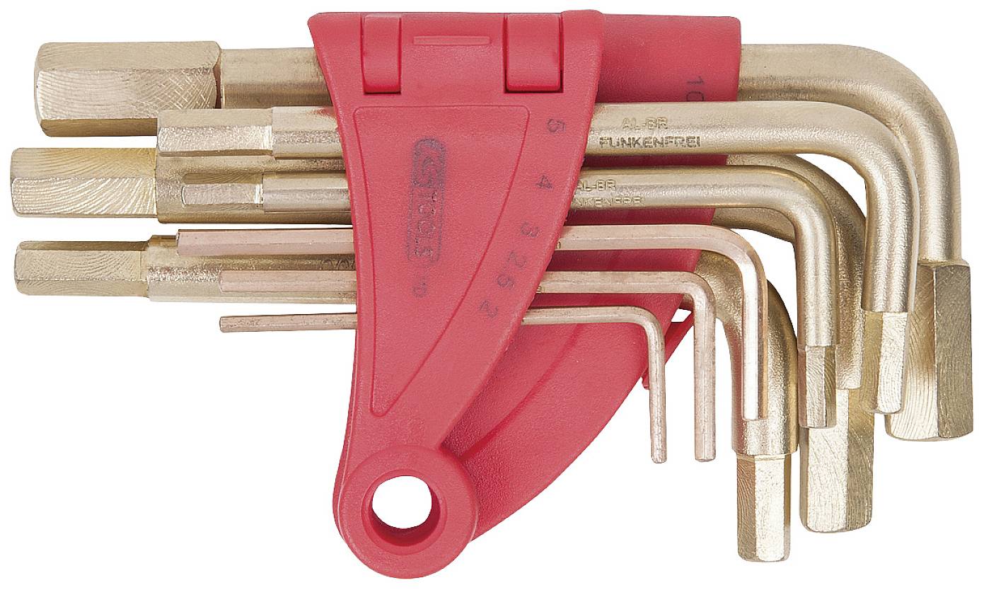 Ein Satz von goldenen Winkelschlüsseln unterschiedlicher Größe in einem roten Kunststoffhalter.