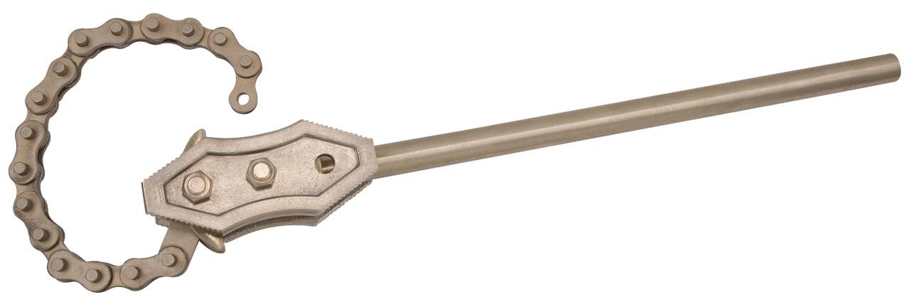 Metallschlüssel mit Kreiskette zum Greifen oder Drehen von Rohren oder runden Objekten, ähnlich einem Rohrschlüssel.