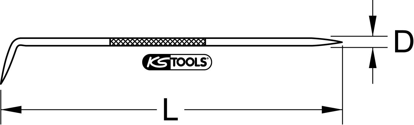 Zeichnung eines Hakenschlüssels mit den Markierungen 'L' für Länge und 'D' für Durchmesser. Der Name 'KS TOOLS' ist auf dem Griff.
