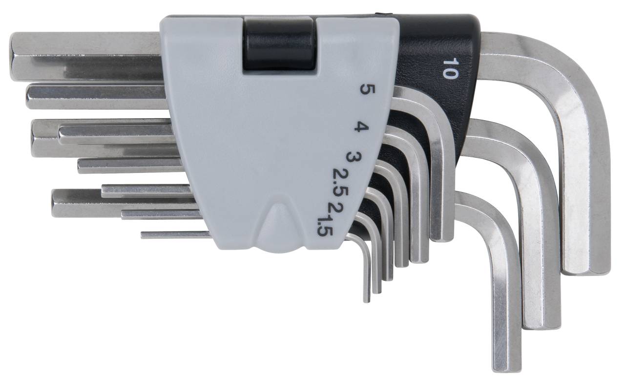 Ein Set von neun Inbusschlüsseln in unterschiedlichen Größen von 1,5 mm bis 10 mm, ordnet in einem grauen und schwarzen Halter.