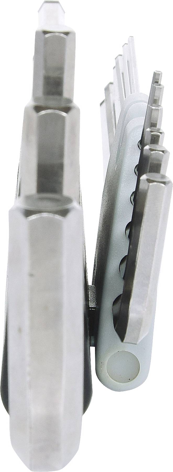 Ein Blick auf ein kompaktes Multifunktionswerkzeug mit mehreren Bits, das in der Positionierung von oben nach unten gezeigt wird.