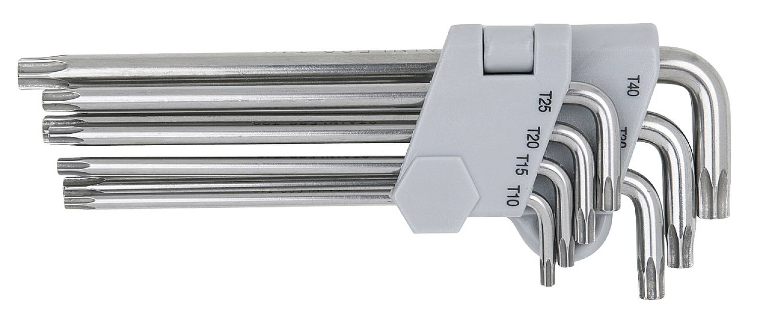 Ein Satz von T-Schlüsseln in einem grauen Halter, nummeriert von T10 bis T40. Die Schlüssel sind aus Metall und haben Torx-Köpfe.