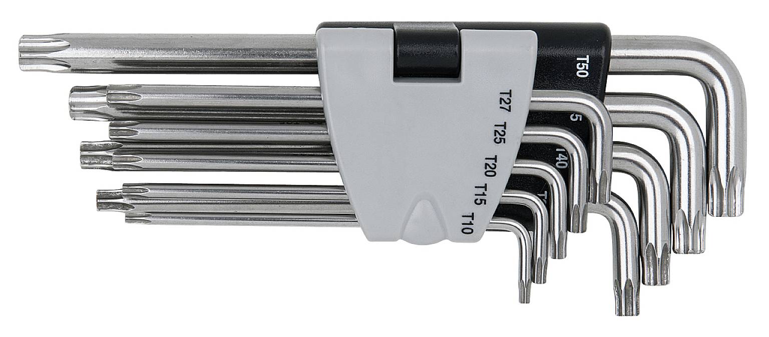 Ein Set von neun Torx-Winkelschlüsseln in verschiedenen Größen, angeordnet in einem Kunststoffhalter.