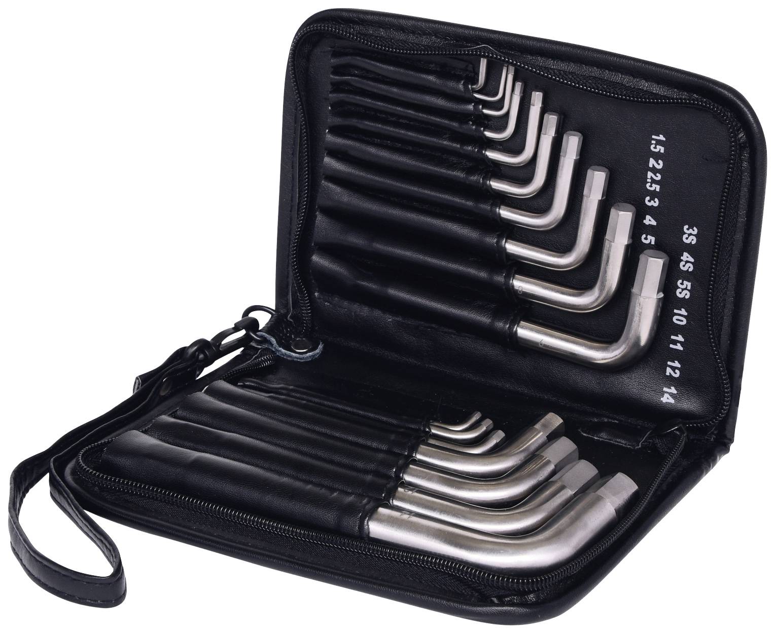 Schwarzes Etui mit elf Innensechskantschlüsseln, verschiedenen Größen gekennzeichnet. Handwerkszeug für Reparaturen und Montage.