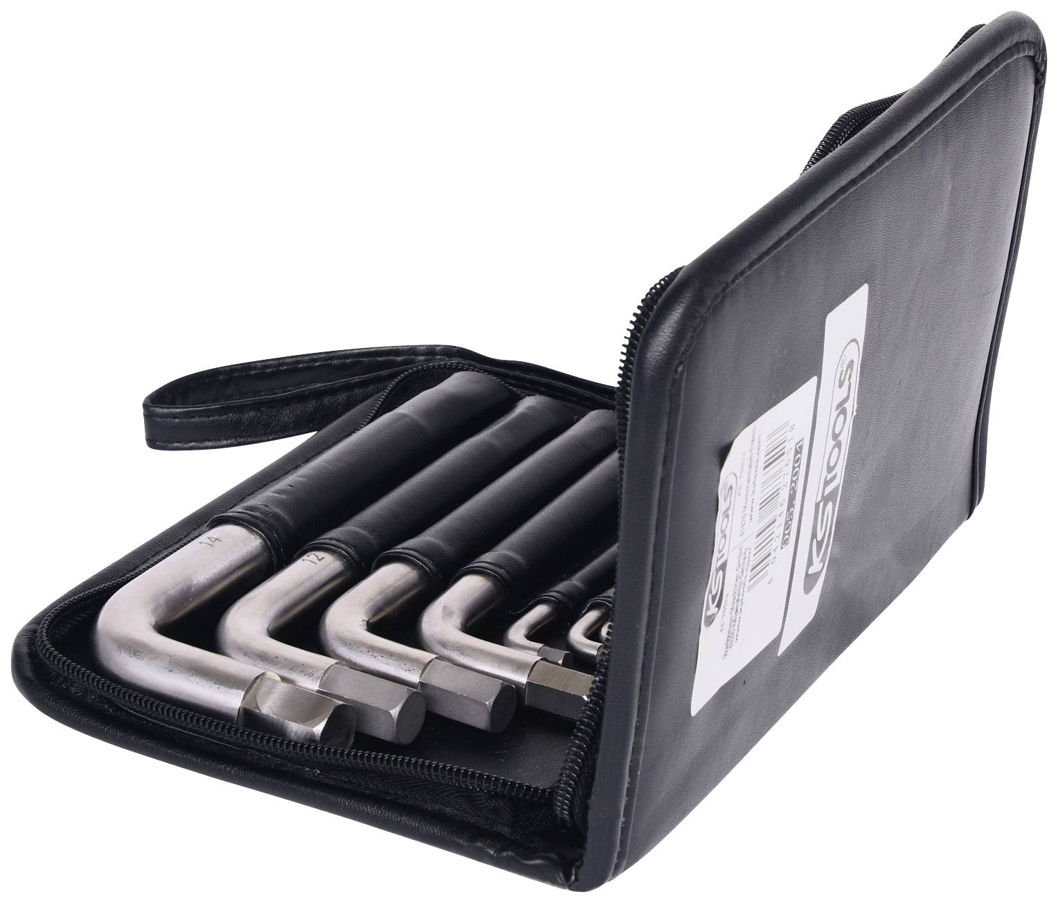 Ein Satz Inbusschlüssel in einer schwarzen Reißverschlusstasche, teilweise geöffnet, zeigt verschiedene Größen.