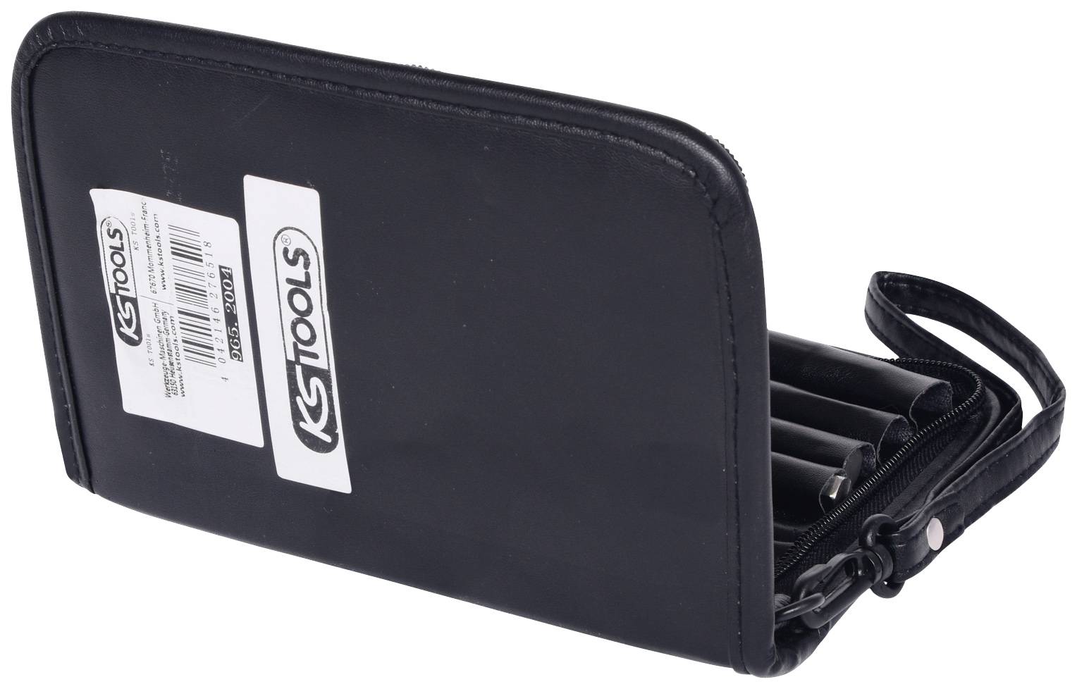 Eine schwarze Werkzeugtasche mit Reißverschluss, enthaltend mehrere Werkzeuge in Halterungen. Sichtbar ist ein Etikett mit der Aufschrift 'KS Tools'.