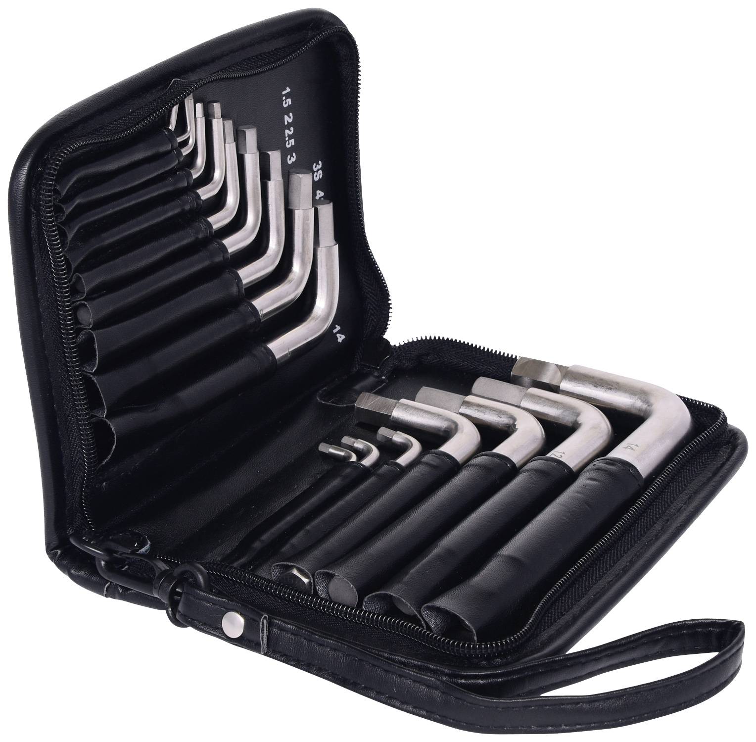 Ein offenes Etui mit einer Sammlung von unterschiedlich großen Inbusschlüsseln, sortiert und angeordnet in einer schwarzen Tasche.