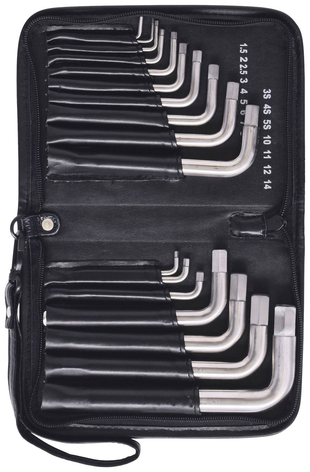 Satz von Innensechskantschlüsseln in einem schwarzen Etui, Größen von 1,5 bis 14 mm, aufgereiht in aufsteigender Reihenfolge.