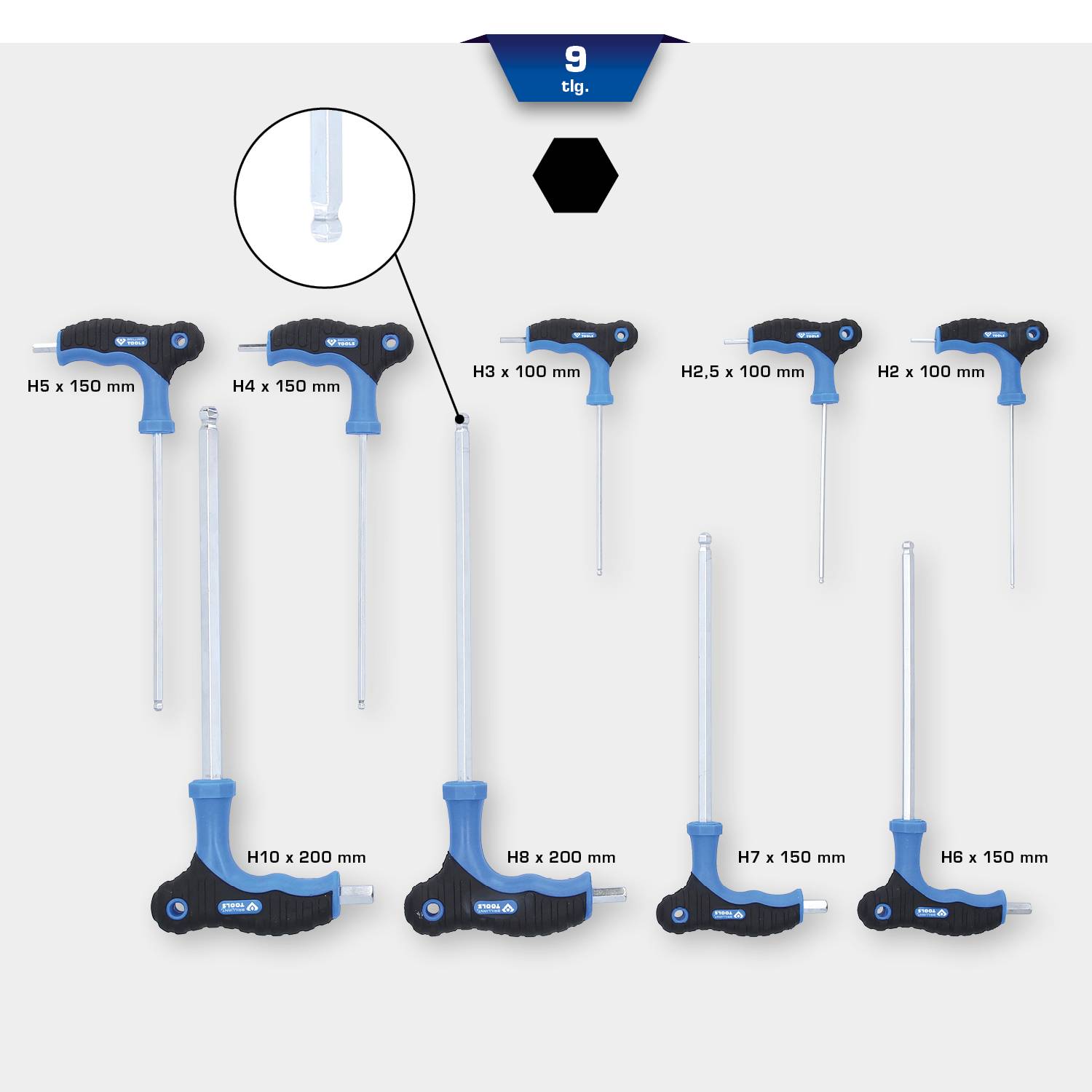 Brilliant Tools BT041100 Winkelschraubendreher-Set 2 mm, 2.5 mm, 3 mm, 4 mm, 5 mm, 6 mm, 7 mm, 8 mm, 10mm 9teilig